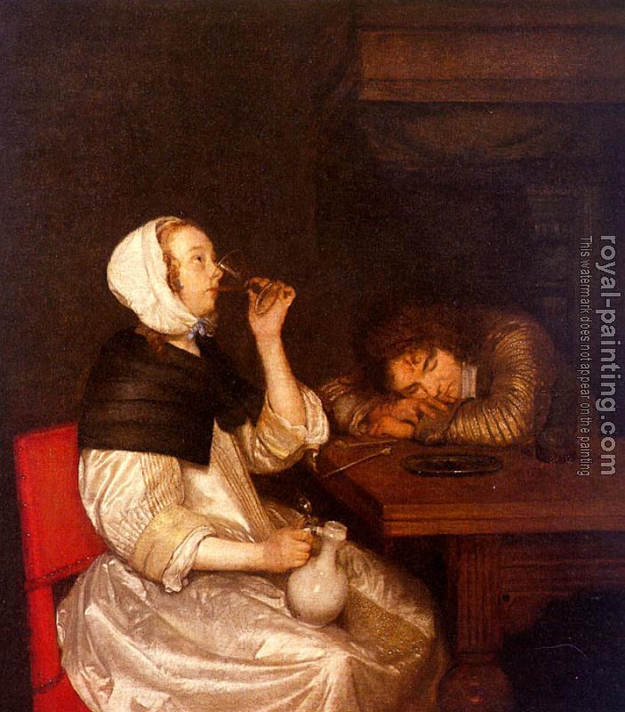 Gerard Ter Borch : Woman Drinking with Sleeping Soldier